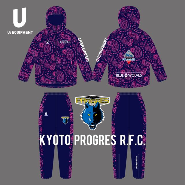 ・「京都プログレR.F.C.」京都府のラグビーチーム・京都プログレR.F.C.さん。今回は、スタッフ用のパデットジャケット&パンツにU/EQUIPMENTを採用いただきました。上下ともに中綿入りで、京都の極寒の冬を乗り越えるためのアイテムです。京都プログレR.F.Cさんのロゴに使われているオオカミの「牙」や「足跡」などを散りばめたオリジナルペイズリー柄に仕上げました。関係者の皆様本当にありがとうございました!!#U_EQUIPMENT#ユー_エキップメント#ラグビーブランド#ラグビージャージ#ラグビーパンツ#ラグビーソックス#ラグビーピステ#オリジナルデザイン#チームオーダー#京都プログレRFC